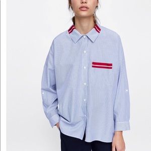 ZARA Blue & White Striped Button Poplin Shirt w/Contrasting Red Accent Sz XS